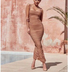 House of CB - FORNARINA TAN ORGANZA RUCHED BUSTIER MESH MAXI DRESS